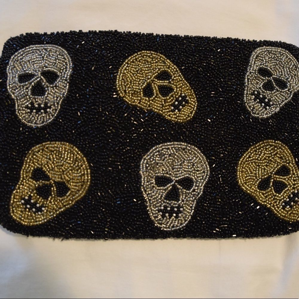 Tiana designs beaded gold and silver skull clutch